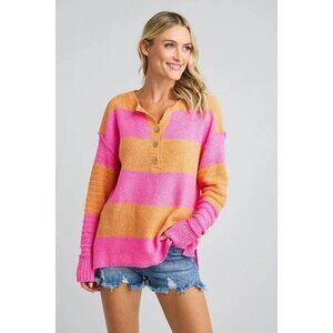 NWT Wishlist Knit Striped Quarter Button Sweater Pink Orange Womens Size XL